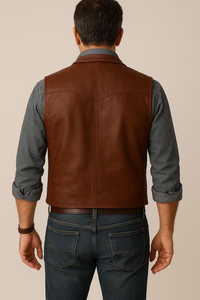 Gilet Western en cuir véritable marron pour homme, simple boutonnage, coupe classique, multi-poches, vêtement d'extérieur décontracté - Product Image 2