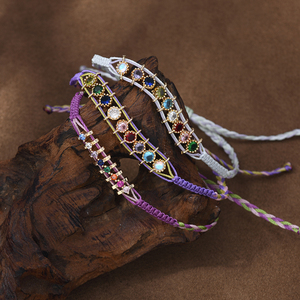 Bracelet tressé en corde cirée avec zircon coloré, style rétro élégant français, chic parisien vintage, bohème, tissé à la main, Purlseras - Product Image 1