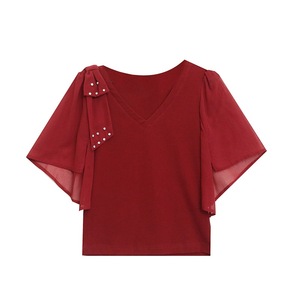 Nouvelle Collection Été – T-<span class=keywords><strong>shirt</strong></span> <span class=keywords><strong>Chic</strong></span> et Tendance à Manches Mi-Longues Évasées et Col en V, en Mousseline de Soie, Modèle Polyvalent pour <span class=keywords><strong>Femme</strong></span> - Product Image 5
