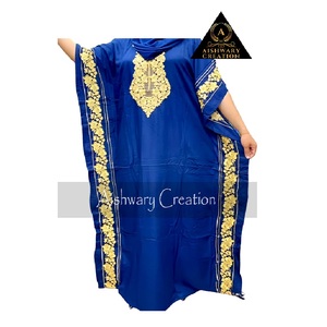 High Quality Handmade Women's Blue Rayon Kaftan Maxi Dress Fully Stitched Work Beach Sustainable Procion Print Lace - Product Image 1