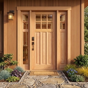 Une porte moderne et minimaliste en bois massif, ornée de motifs géométriques verticaux saisissants et équipée d'une serrure intelligente. - Product Image 4