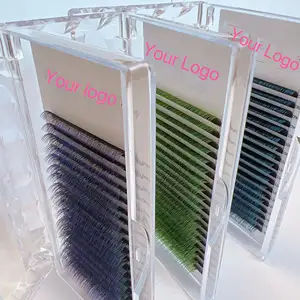 Private Logo Handmade Ombre Two Tone Green/Blue/Purple Natural Mink Colored Volume Eyelash Extension Supplies Lash Tray