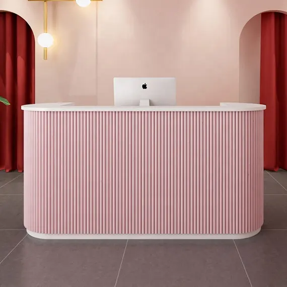 नाई की दुकान लकड़ी कील अनुकूलित स्पा गुलाबी आधुनिक छोटे सफेद उच्च गुणवत्ता सामने की मेज ब्यूटी सैलून रिसेप्शन डेस्क