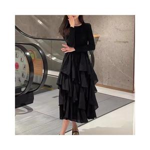 فساتين نسائية أنيقة للخريف بطول متوسط مع تصميم مطوي وكشكشة وزخرفة مجعدة وأكمام طويلة وتصميم متدرج بنمط صلب منسوج - Product Image 4