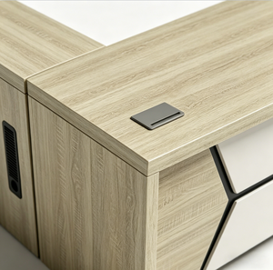 Scrivania Direzionale Moderna a L con Mobile Contenitore, Tavolo Computer per Manager, Postazione di Lavoro in Legno Bianco Bicolore - Product Image 5