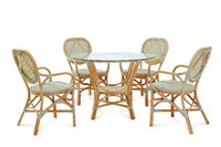 Ensemble de salle à manger moderne en rotin, 5 chaises à dossier croisé, table avec plateau en verre, style côtier, meubles pour la maison