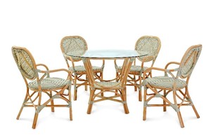 Modern Rattan Dining Set 5 Piece Cross Back Chairs Glass <b>Top</b> Table Coastal Style Home Furniture - Product Image 2