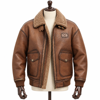 Veste en cuir véritable pour homme, marron, style bomber, fermeture éclair sur le devant, poignets côtelés, col en laine beige