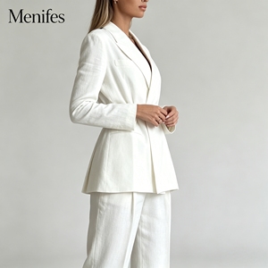 Blazer décontracté de bureau pour <span class=keywords><strong>femme</strong></span>, coupe minimaliste, en mélange de <span class=keywords><strong>lin</strong></span> blanc, avec ceinture et revers crantés, manches longues - Product Image 2