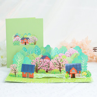 Cartes de vœux 3D pop-up en papier découpé au laser, forêt d'arbres verts d'été, impression UV, pelliculage mat, cartes cadeaux DIY écologiques