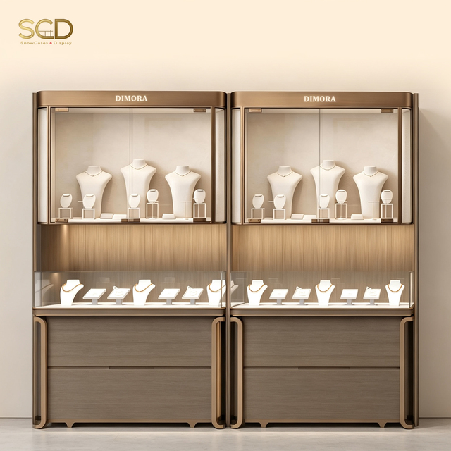 Glass Jewelry Display Cabinet Built in LED Light Storage Drawer Retail Boutique Showcase Metal Trim Commercial Store Fixture