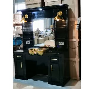 Estación de Espejo de Peluquería Clásica Vintage Multifuncional de Madera con Luz LED y Lavabo para Champú - Product Image 3
