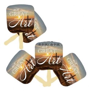 Custom Printing and Customized Shape Paper Hand Held Fan With Wood Handle for Events - Product Image 2