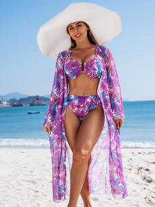 PASUXI Conjunto de Biquíni Feminino 3 Peças com Saída de Praia Estampa Floral Amarelo Traje de Banho Moda Praia - Product Image 6