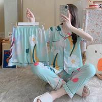 Set piyama katun wanita, pakaian kasual rumah wanita kardigan kartun sutra susu, tiga potong musim panas kualitas tinggi