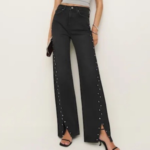 กางเกงยีนส์ทรงกระดิ่งเอวสูงปานกลางคุณภาพสูงสำหรับผู้หญิง ปักลายเพชร แฟชั่นลำลอง - Product Image 1