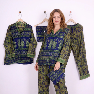 Ensemble pyjama 2 pièces pour femmes, manches longues, imprimé paisley, vêtements de nuit en coton, col classique rabattable, vêtements d'automne - Product Image 1