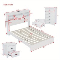 Ensemble de chambre à coucher vintage en bois blanc 4 pièces avec 2 tables de chevet 1 commode tiroirs de rangement et cadre de lit Queen Size pour chambre à coucher