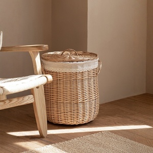 Custom <strong>Wicker</strong> Covered Modern Circle <strong>Laundry</strong> <strong>Basket</strong> Handmade Double Handle Storage Bin Guesthouse Bathroom Clothes Organizer - Product Image 4