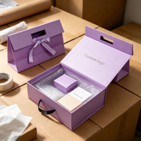 Coffret de bijoux biodégradable de luxe violet avec sacs d'emballage assortis, ruban en satin, nœud et logo personnalisé pour bague, collier, coffret cadeau