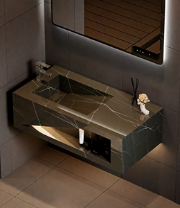 ชุดโต๊ะเครื่องแป้งในห้องน้ำแผ่นพื้นหินแบบบูรณาการสีดำฟ้าผ่าดีไซน์กระจก LED อ่างล้างมือในห้องน้ำสุดหรู - Product Image 5