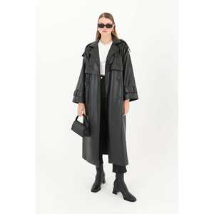 Abrigo largo de cuero genuino para mujer, negro, impermeable, informal, de manga larga, estilo tejido. - Product Image 4