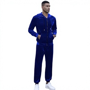 Ensemble de survêtement en velours bleu royal pour homme, sweat-shirt à fermeture éclair intégrale et pantalon, couleur unie, vêtements d'hiver décontractés avec poches latérales - Product Image 1