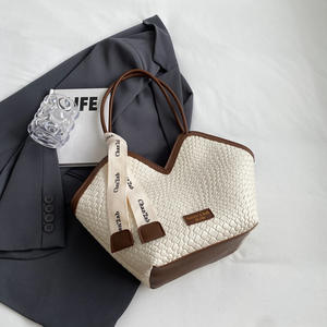 Sac à main de plage de luxe pour femme, sac bandoulière messager en paille tressée fait main, sac fourre-tout en cuir PU pour femme - Product Image 3