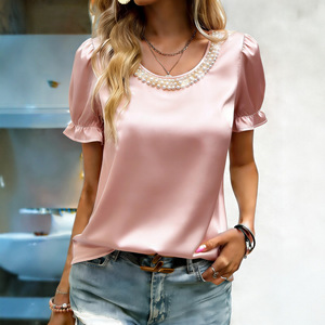 Blusa de Satén Nueva de Primavera para Mujer, Cuello Redondo con Perlas, Manga Abullonada con Volantes, Camisa Elegante Brillante para Dama - Product Image 3