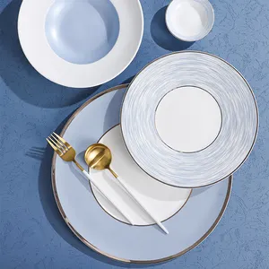 PITO Modern Style Silver Rim Ceramic Bone China Dinner Set Blue Banquet Luxury Wedding Dinnerware Set