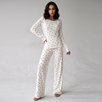 Ensemble de vêtements de détente pour femmes, imprimé cœur, tricot côtelé, ensemble pyjama, ensemble de nuit, haut à manches longues col rond, pantalon large, vêtements de nuit