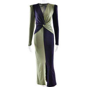 Vestido Maxi con Bloques de Color y Cuello en V, Diseño Anudado, Ajuste Delgado, Manga Larga, para Eventos Nocturnos - Product Image 5