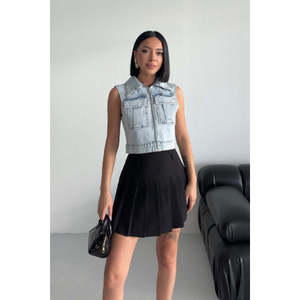 Chaleco Vaquero Mini Vintage con Cremallera, Tejido de Ganchillo, Estilo Sexy, Lavado, con Decoración de Botones y Logotipo, Relleno de Algodón - Product Image 4