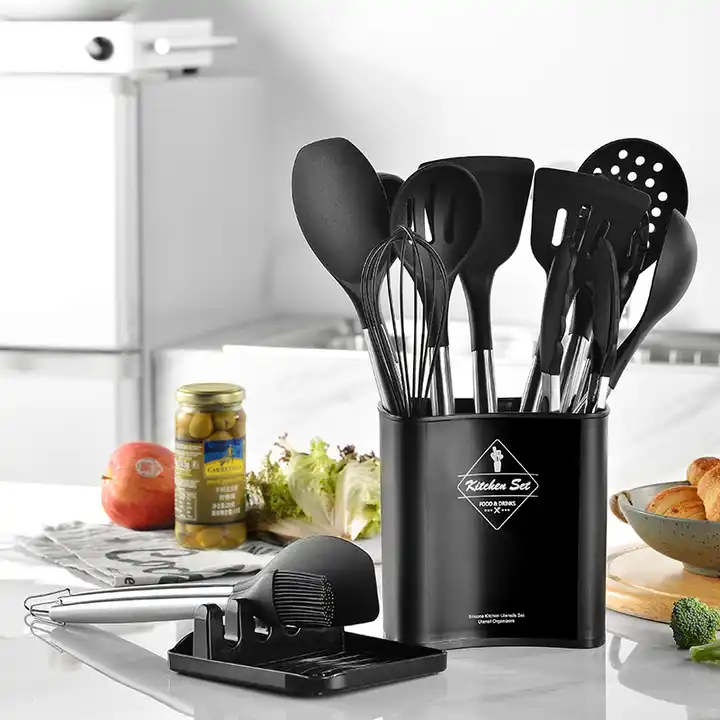 Set de Utensilios de Cocina Silicona Antiadherente con Mango de Acero  Inoxidable