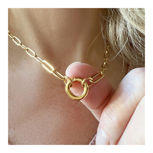 Kalung Penahan Liontin Lapis Emas 18k Anti Kusam, Perhiasan Wanita Minimalis, Kalung Rantai Paperclip Baja Tahan Karat dengan Kancing Tekan - Product Image 1