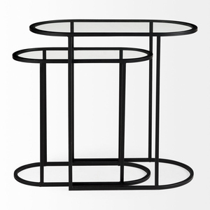 Juego <span class=keywords><strong>de</strong></span> 2 Mesas Auxiliares Modernas Minimalistas <span class=keywords><strong>de</strong></span> Metal y Vidrio, Color Negro Mate, Tamaño y Color Personalizables para el Hogar, Hotel, Mercana' - Product Image 2