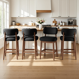 Tabourets de bar de luxe de style mid-century modern en bouclette avec structure en bois massif et repose-pieds pour bar à domicile et comptoirs de cuisine - Product Image 2