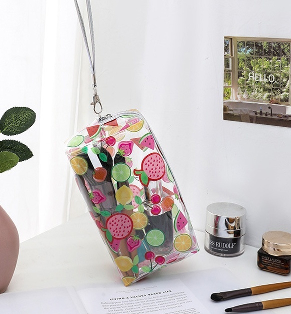 Transparent PVC Cosmetic Bag Summer Fruit Floral Print Makeup Pouch Waterproof Clear Travel Toiletry Storage Bag Portable Ladies