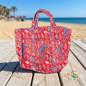Wholesale Jaipur Hand Block Printed Quilted <b>Handbag</b>, Coral Reef & Seashell Pattern Cotton Tote <b>Bag</b> for Beach & <b>Travel</b> - Product Image 1