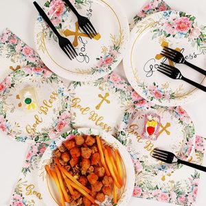 Baptism Theme Party <strong>Decorations</strong> First Holy <strong>Communion</strong> Paper Plates and Napkins God Bless Floral Disposable Dessert Tableware Set - Product Image 2
