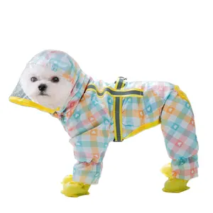 Small dog raincoat small and medium-sized dogs all-inclusive four-legged raincoat fashion checkered reflective strip to walk the