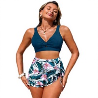 2026 Baju Renang Wanita 3-Piece Set Model Eropa Amerika, Warna-Warni, Rok Serut, Bahan Spandex/Polyester, Tahan Lama