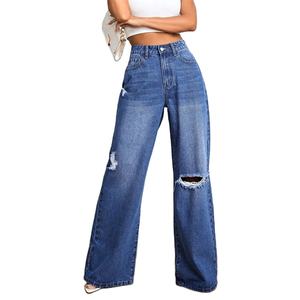 Jeans en denim décontractés pour femmes de haute qualité, lavables, respirants, style boyfriend, coupe ample, fermetures éclair, logo à la taille, toutes saisons - Product Image 1
