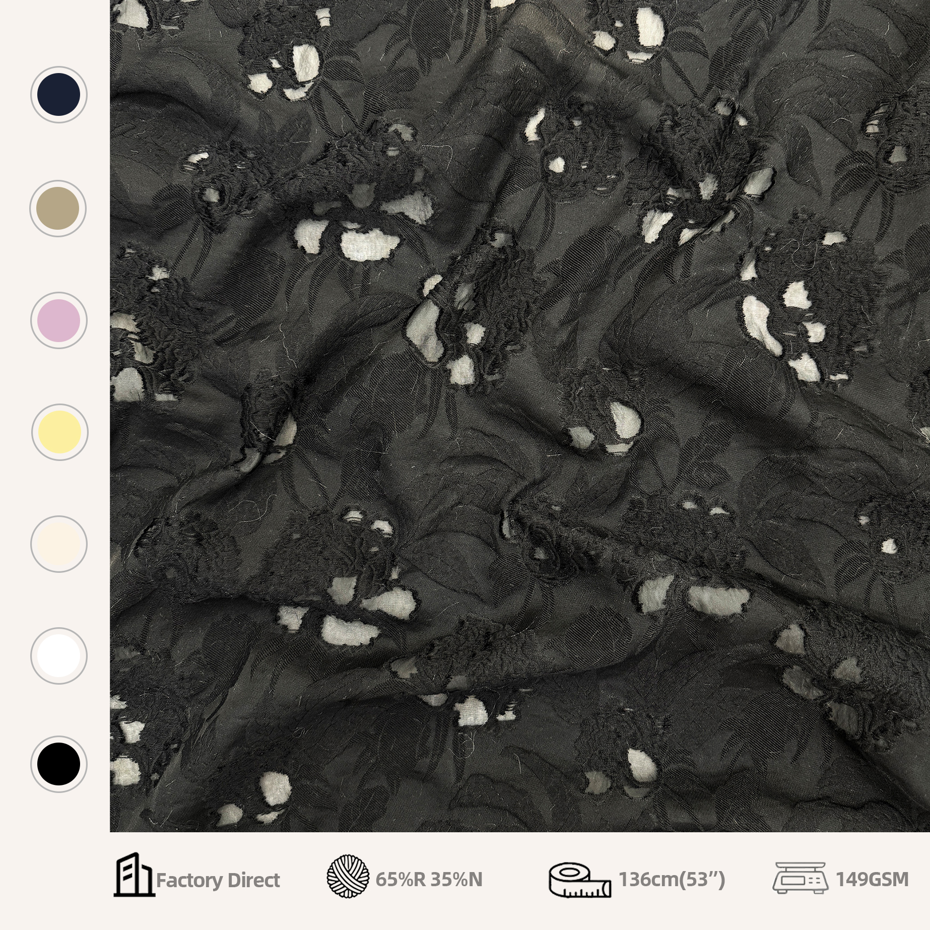 YY High-End Rayon Blend Soft Floral Texture Black Luxury Yarn-dyed Jacquard Fabric for Abaya Kaftan & Modest Wear