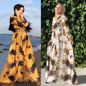 Islamitische Kleding Fabriek Nieuwste Ontwerp Classic Midden-oosten Moslim Vrouwen Gedrukt Lace Up Mode Slanke Jurk Groothandel