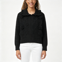 Sweater Rajut Wanita Model Crop Kerah Peter Pan Berumbai Hitam Polos dengan Hiasan Berlian dan Motif Bunga Mawar 3D