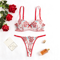US Warehouse Nouvelle Lingerie Érotique pour Femmes Dentelle Mince Ensemble 2 Pièces Séduisante Soutien-Gorge à Armatures Rouge Sexy Innocent-Séduisant