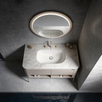 Ensemble de meuble-lavabo de salle de bain contemporain suspendu avec miroir LED rond rétroéclairé, armoire murale avec évier et étagère de rangement