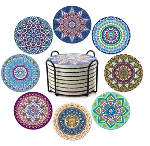 Multi Colors Absorbent Drink Coaster Sets Mandala Style Ceramic Stone Coasters with Holder