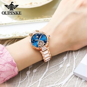 นาฬิกาข้อมือผู้หญิง OUPINKE 3183 หรูหรา ดีไซน์โปร่ง ประดับเพชร สายเซรามิกสีโรสโกลด์ ระบบอัตโนมัติเต็มรูปแบบ - Product Image 3
